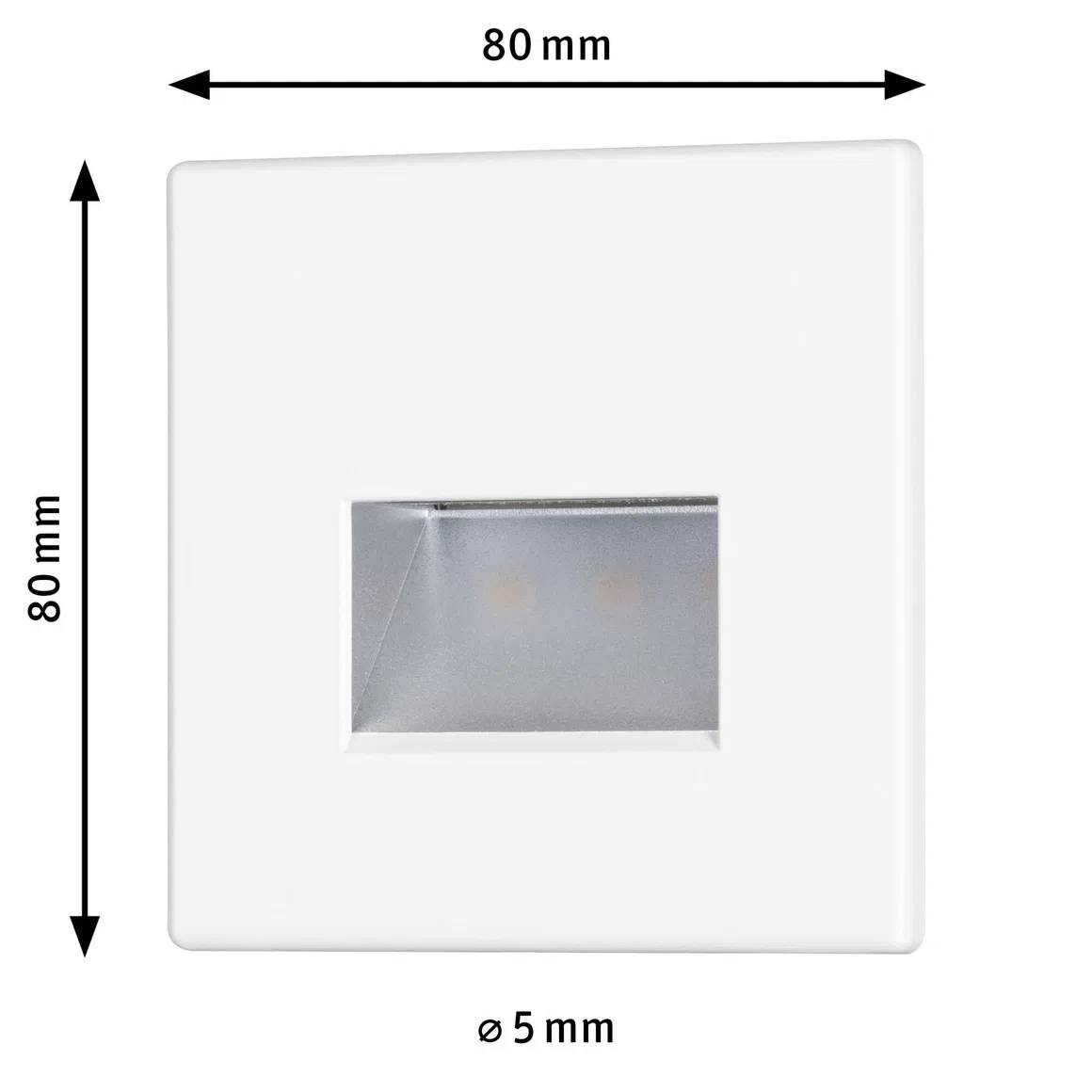 'Weiße quadratische LED-Wandeinbauleuchte mit 80 mm Seitenlänge und rundem 5 mm Auslass, ideal für Treppenbeleuchtung.'