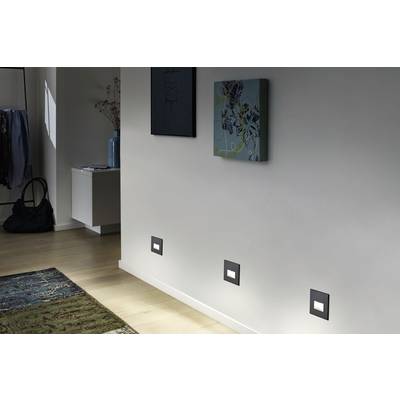 Dunkler Flur mit moderner Beleuchtung an der Wand und zwei Wandbildern. Teppich am Holzfußboden, dimme Lichtstimmung.
