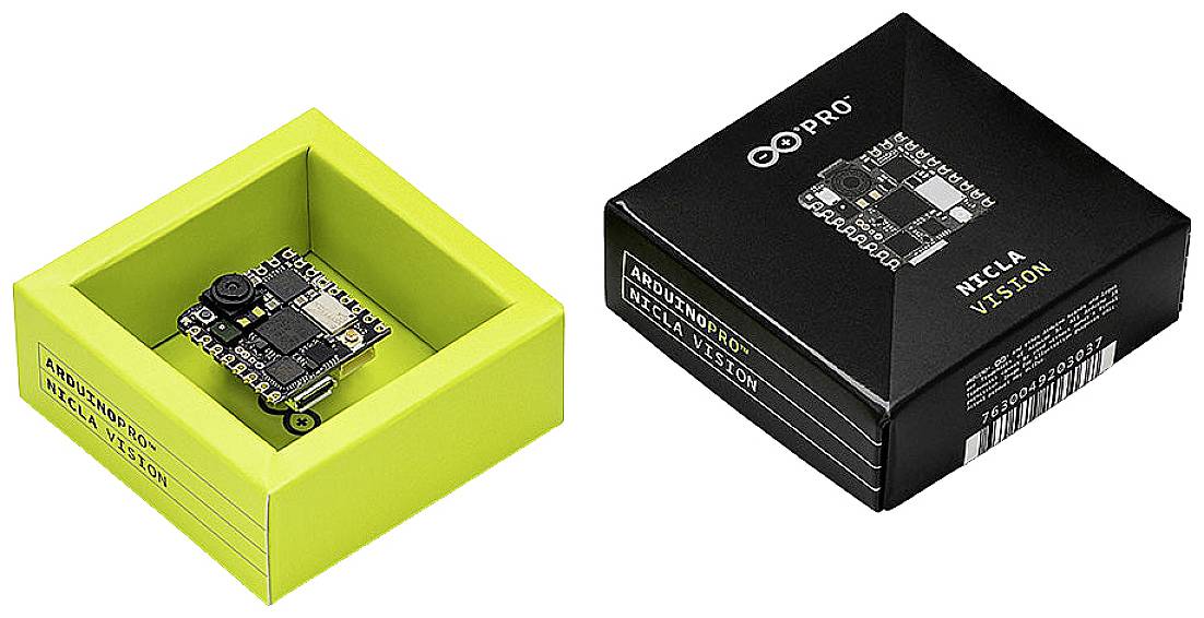 Zwei Schachteln mit Elektronikmodulen. Links eine geöffnete, gelbe Box mit Modul, rechts eine geschlossene, schwarze Box mit Beschriftung 'Nicla Vision'.
