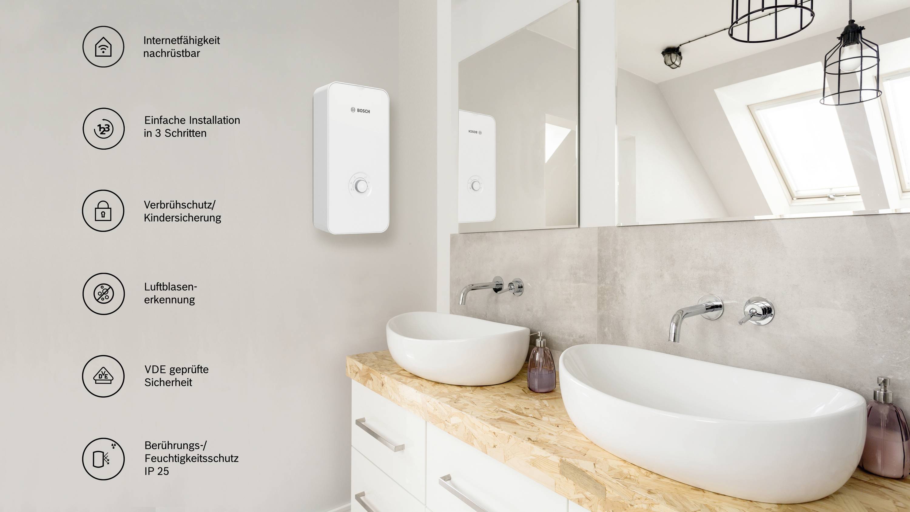 Ein modernes Badezimmer mit zwei weißen Waschbecken und einem elektronischen Gerät an der Wand. Text listet Funktionen des Geräts auf.