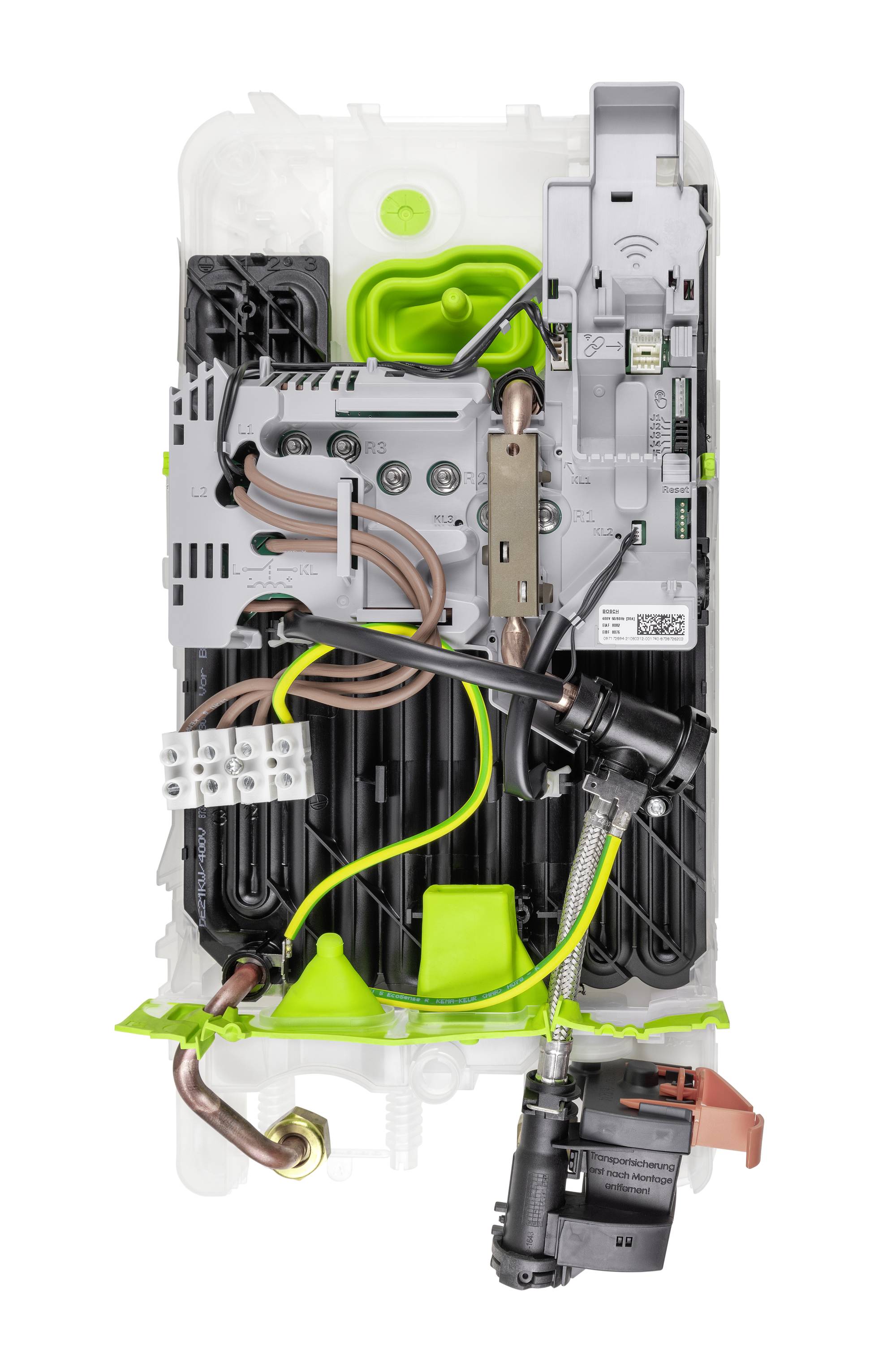 Elektronische Bauteile in einem geöffneten Gerät, mit sichtbaren Kabeln, Steckverbindungen und Ventilen in einem technischen Gehäuse.