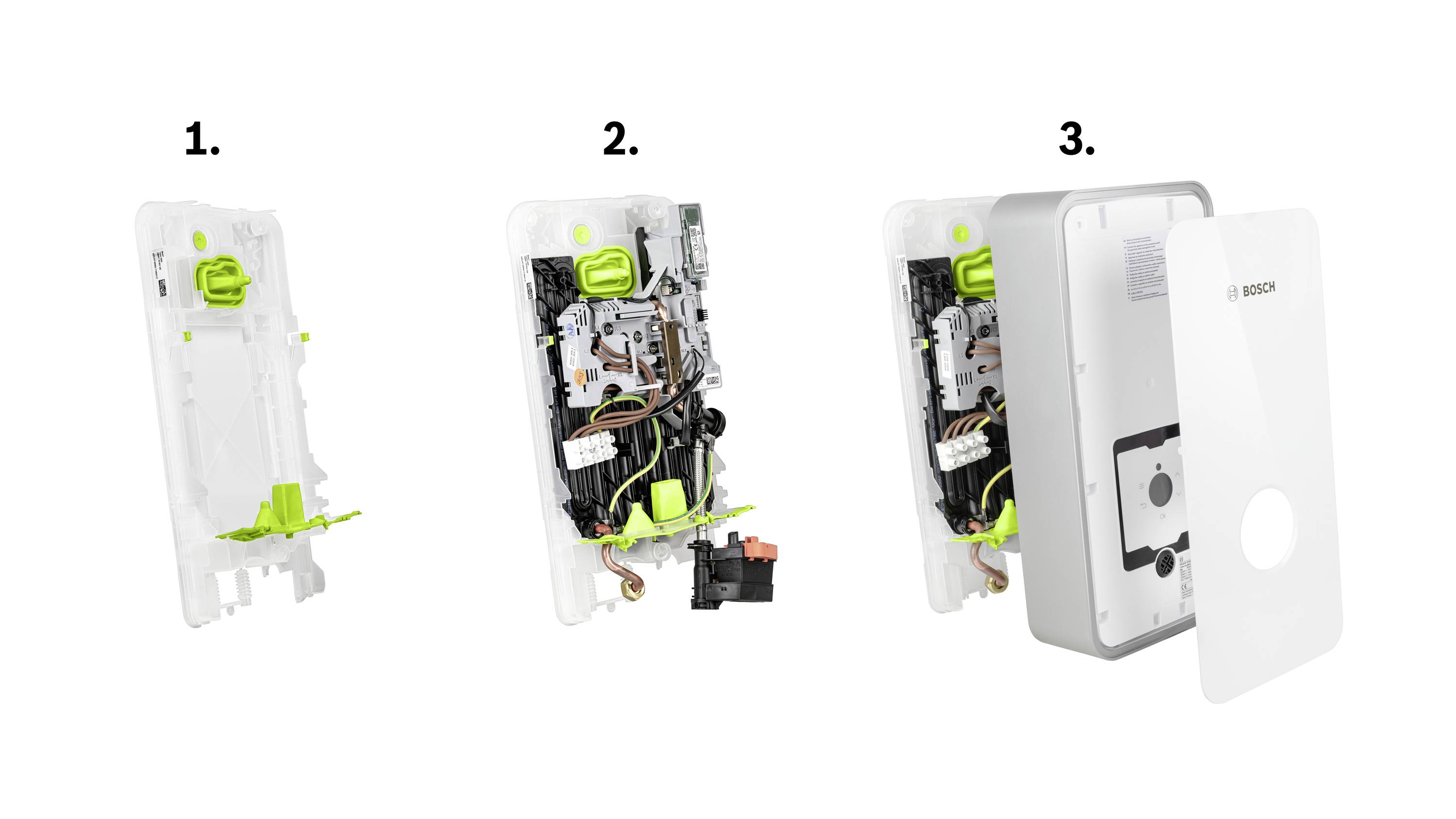 'Bild zeigt eine dreistufige Montageanleitung für ein Bosch-Gerät. 1: Leeres Gehäuse, 2: Gehäuse mit Elektronik, 3: Gehäuseabdeckung wird angebracht.'