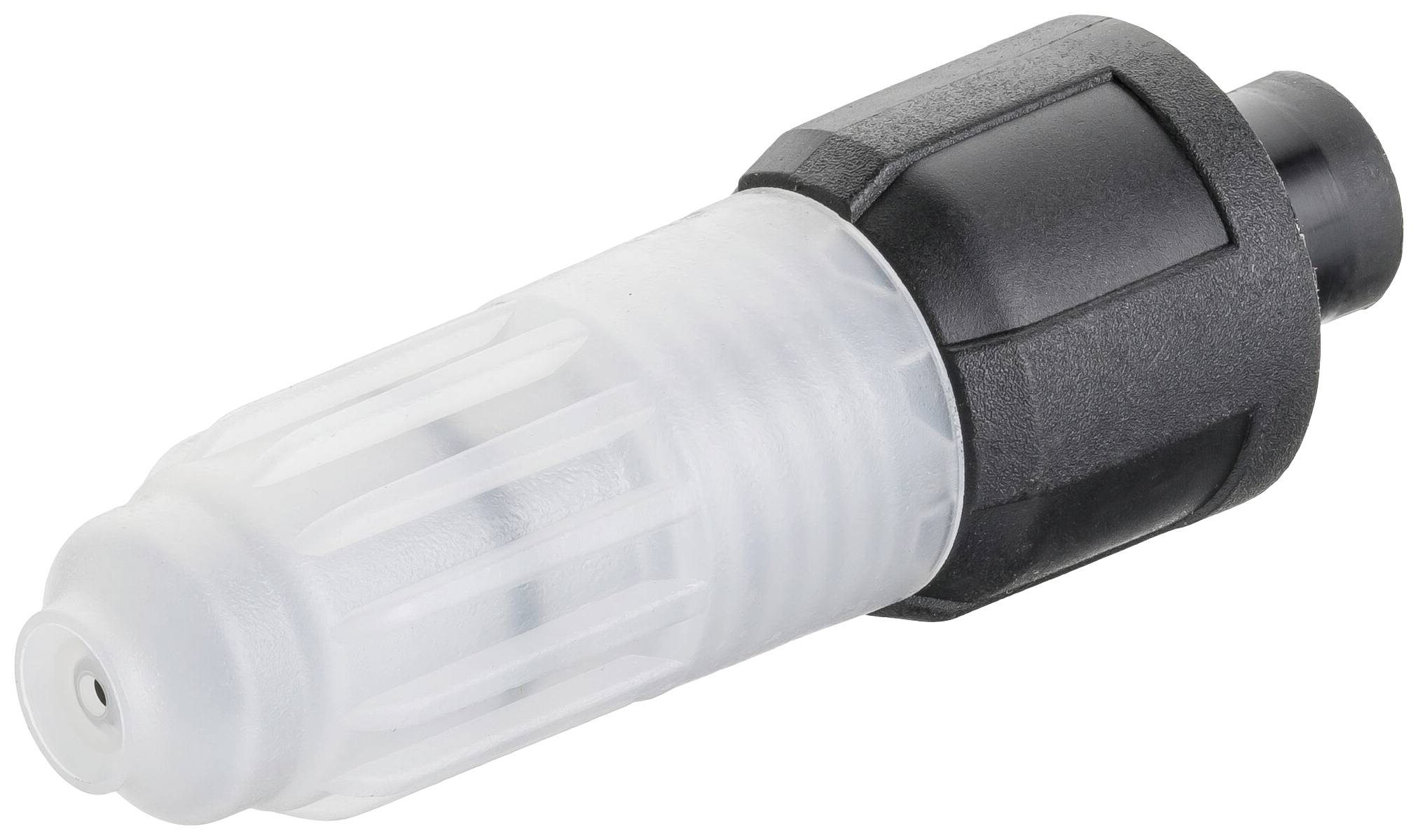 Ein runder Kunststoff-Stecker mit geripptem, transparentem Gehäuseteil und schwarzem Ende. Verwendung in elektrischen Verbindungen.