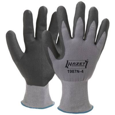 Zwei graue Arbeitshandschuhe mit schwarzer Beschichtung auf den Handflächen. Auf einem Handschuh steht 'HAZET 1987N-4'.