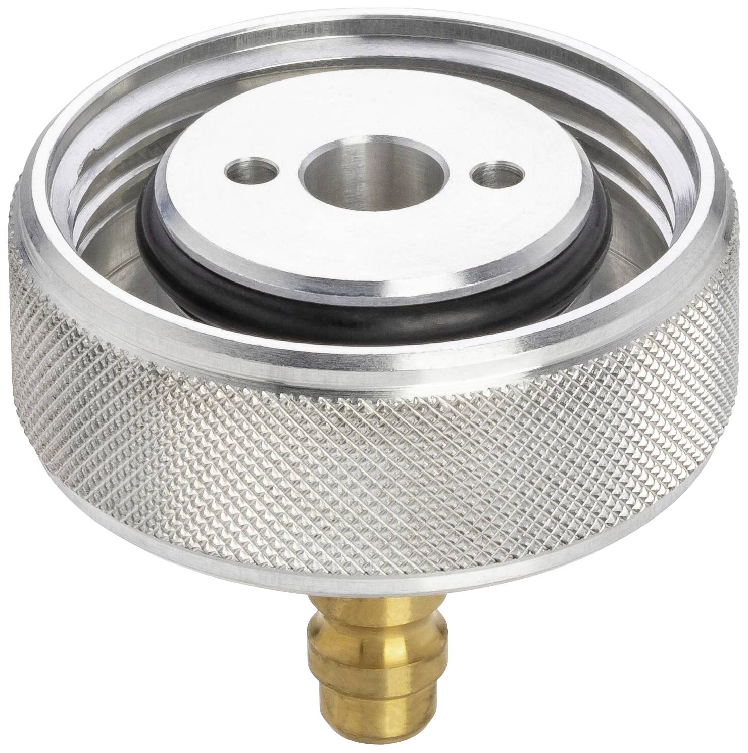 Ein Metalladapter mit gerändelter Oberfläche und Messinganschluss. Verwendet zum Verbinden von Druckluftsystemen.