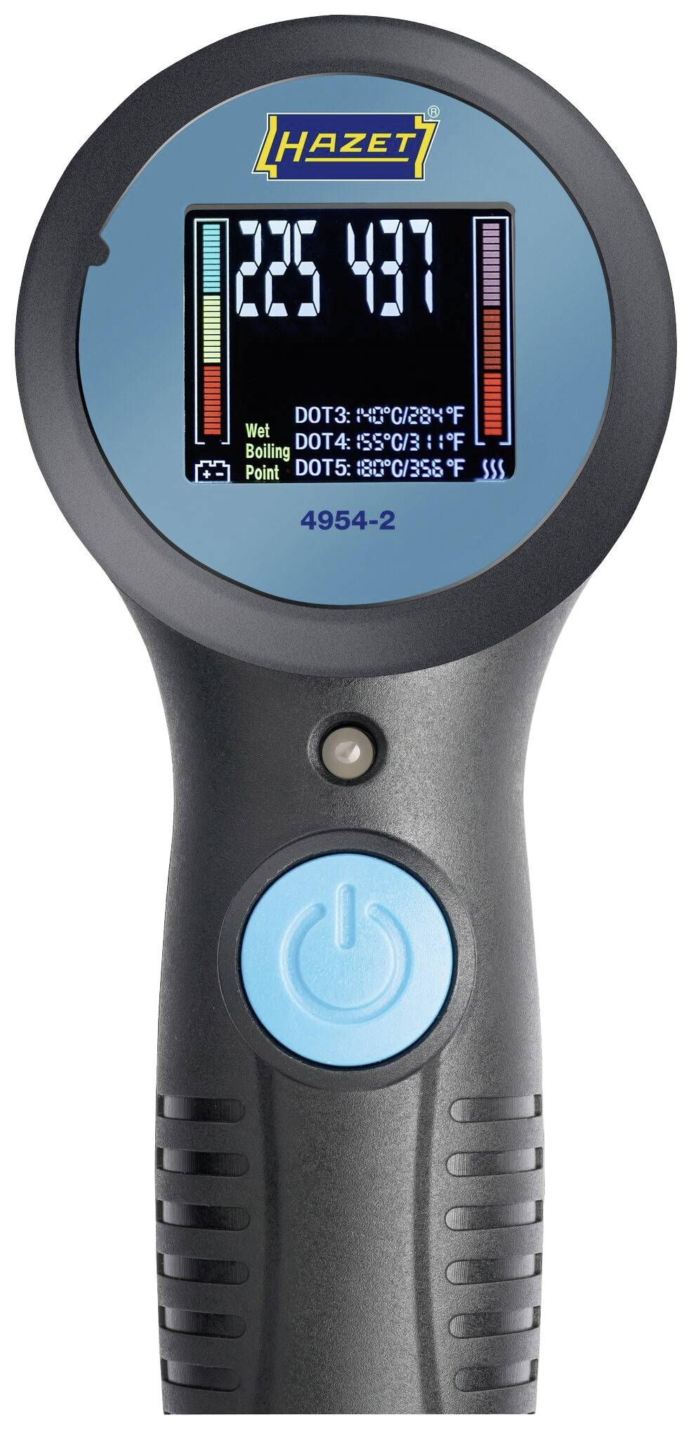 Bremssattel-Thermometer mit Display zeigt Messwerte an. Markenname oben, blaue Taste dient zum Einschalten.