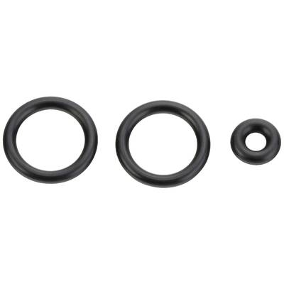 Drei schwarze O-Ringe in unterschiedlichen Größen nebeneinander auf weißem Hintergrund.