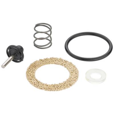 Fünf kleine Maschinenteile liegen auf einer weißen Oberfläche: Feder, Dichtung, Welle, runder Metallring, transparenter Ring.