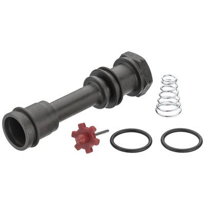 Ersatzteilset einer hydraulischen Maschine, bestehend aus einer schwarzen Metallwelle, einer roten Kunststoffkomponente und Dichtungsringen.