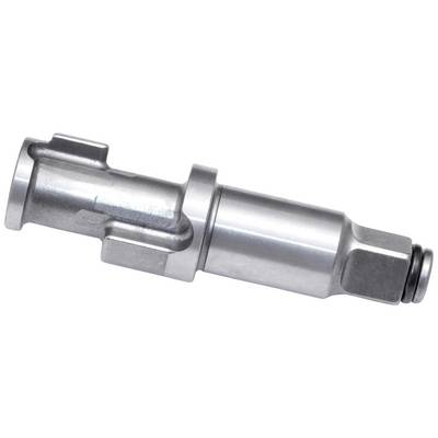 Eine silberne Metallkomponente mit zylindrischer Form und verschiedenen Einkerbungen. Sie wird möglicherweise in Maschinen verbaut.
