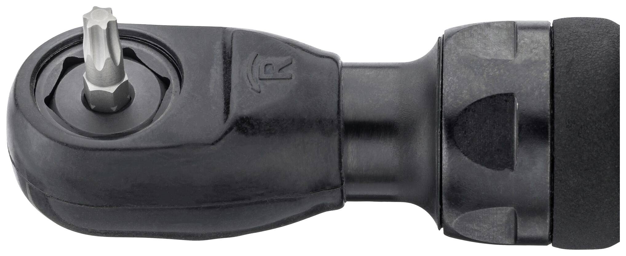 Schwarzer Gelenkkopf mit verstellbarem Mechanismus und eingestecktem Bit. Geeignet für den Einsatz in Werkzeugen oder Maschinen.