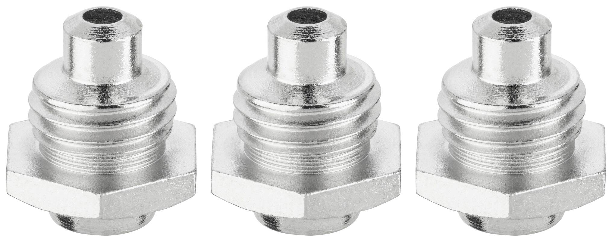 Drei identische, silberne Metalladapter aufgereiht, jeweils mit Gewinde und Sechskantbasis. Sie dienen zur Verbindung von Rohren.