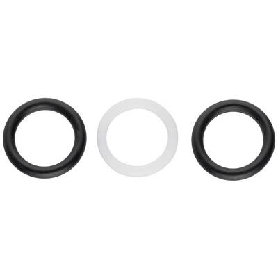 Drei Dichtungsringe, zwei schwarz und einer weiß, nebeneinander auf weißem Hintergrund angeordnet.
