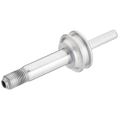Ein silbernes, zylindrisches Metallteil mit Gewinde an einem Ende und einem Ring in der Mitte, vermutlich ein mechanisches Verbindungselement.