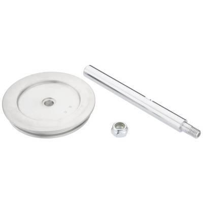Metallische Scheibe, Stange und Mutter auf weißem Hintergrund. Komponenten für eine mechanische oder technische Anwendung.