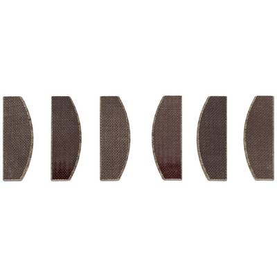 Sechs braune, halbmondförmige Objekte in einer Reihe nebeneinander, zeigen verschiedene Texturen und Materialeigenschaften.