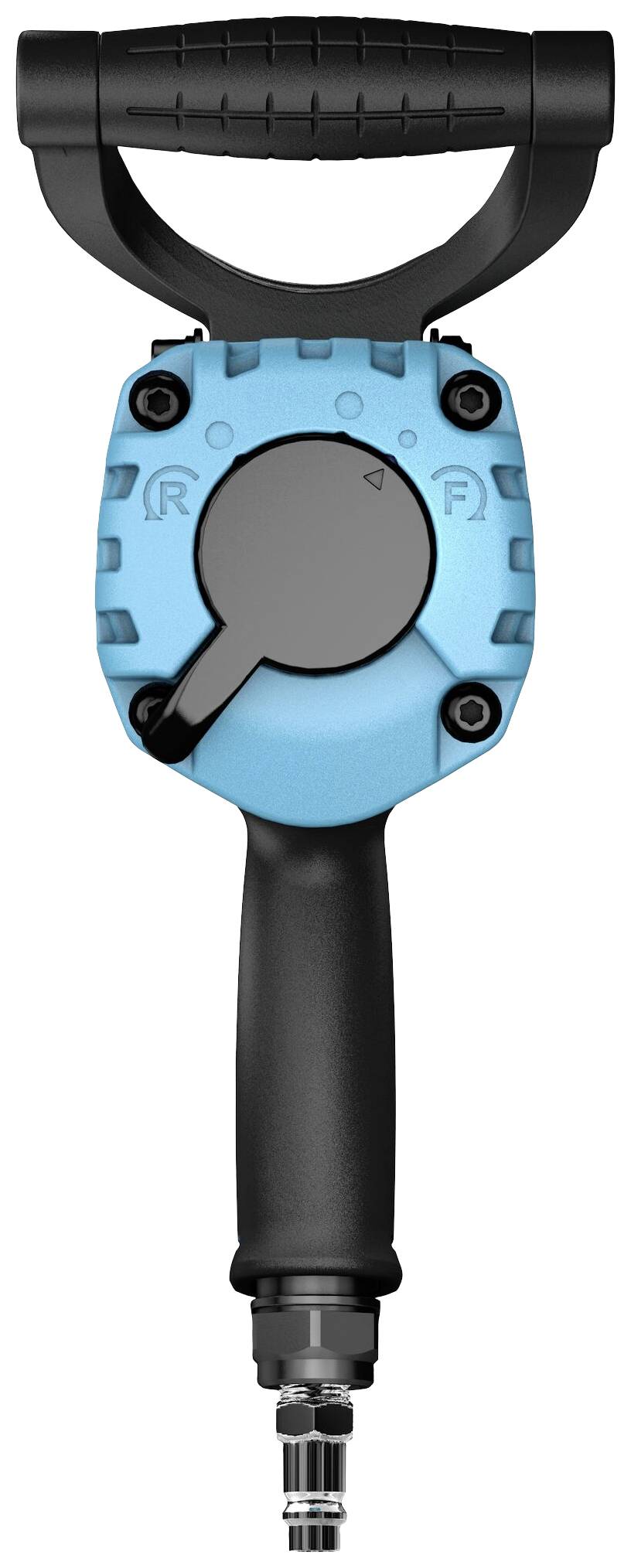 Ein blauer Druckluft-Schlagschrauber mit ergonomischem Griff und Doppelschalter für Rechts- und Linkslauf, geeignet für Werkstattarbeiten.