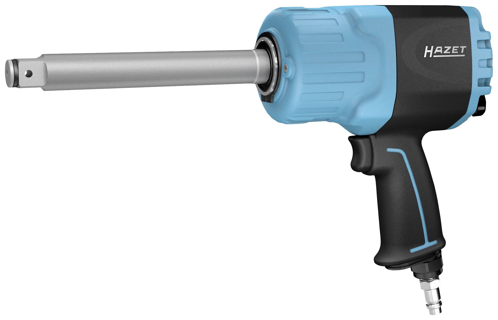 Eine blaue und schwarze Druckluft-Schlagschrauber-Pistole mit langem Metallaufsatz, Marke 'Hazet'. Geeignet für schwere Arbeitsanwendungen.