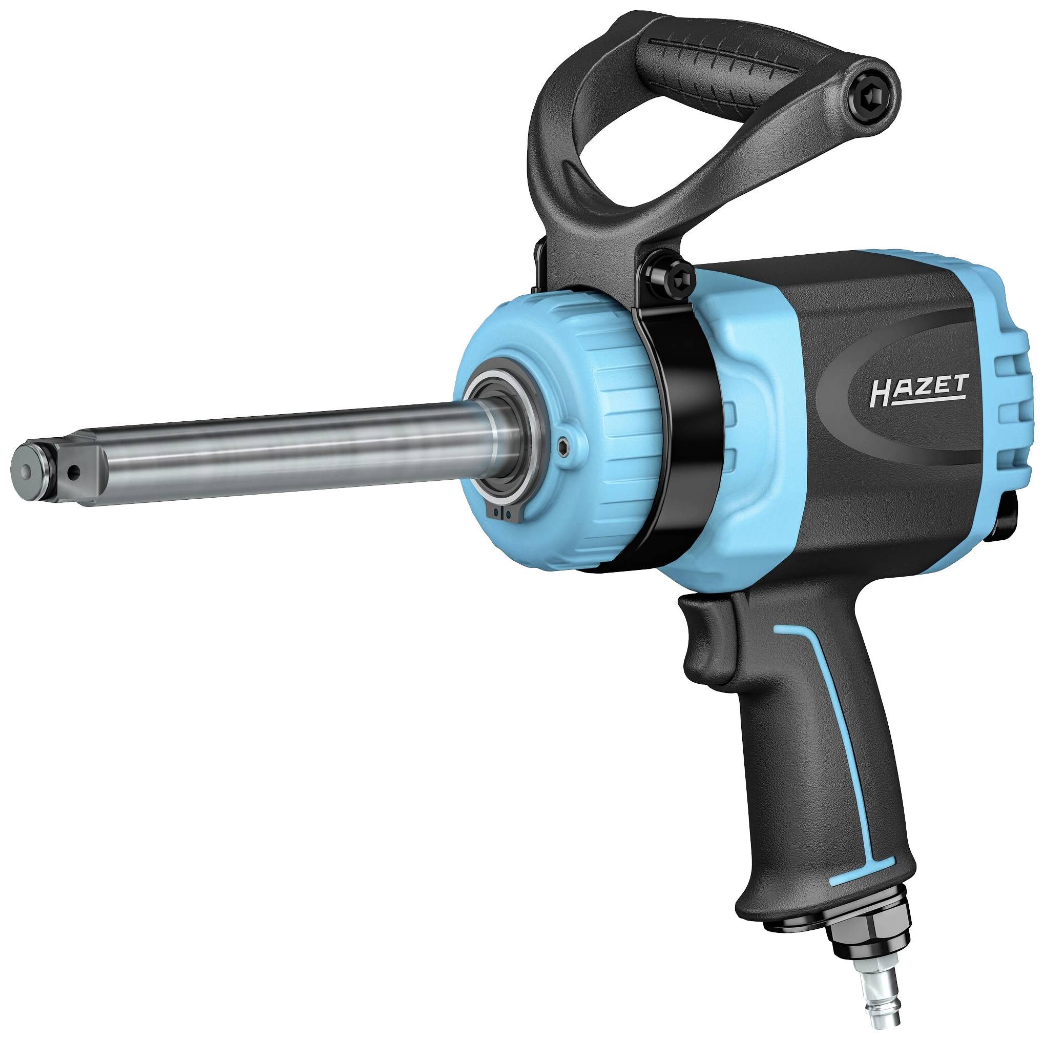 Druckluft-Schlagschrauber von Hazet, blau-schwarz, mit ergonomischem Griff und langem Antrieb, für schwere Schraubarbeiten geeignet.
