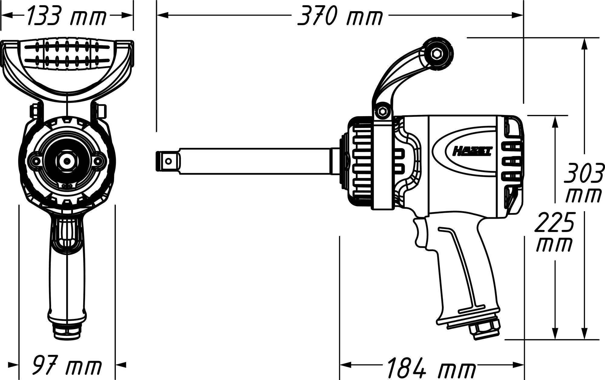 'Explosionszeichnung eines pneumatischen Schlagschraubers mit Abmessungen: Länge 370 mm, Höhe 303 mm, Grifflänge 184 mm, Breite 133 mm.'