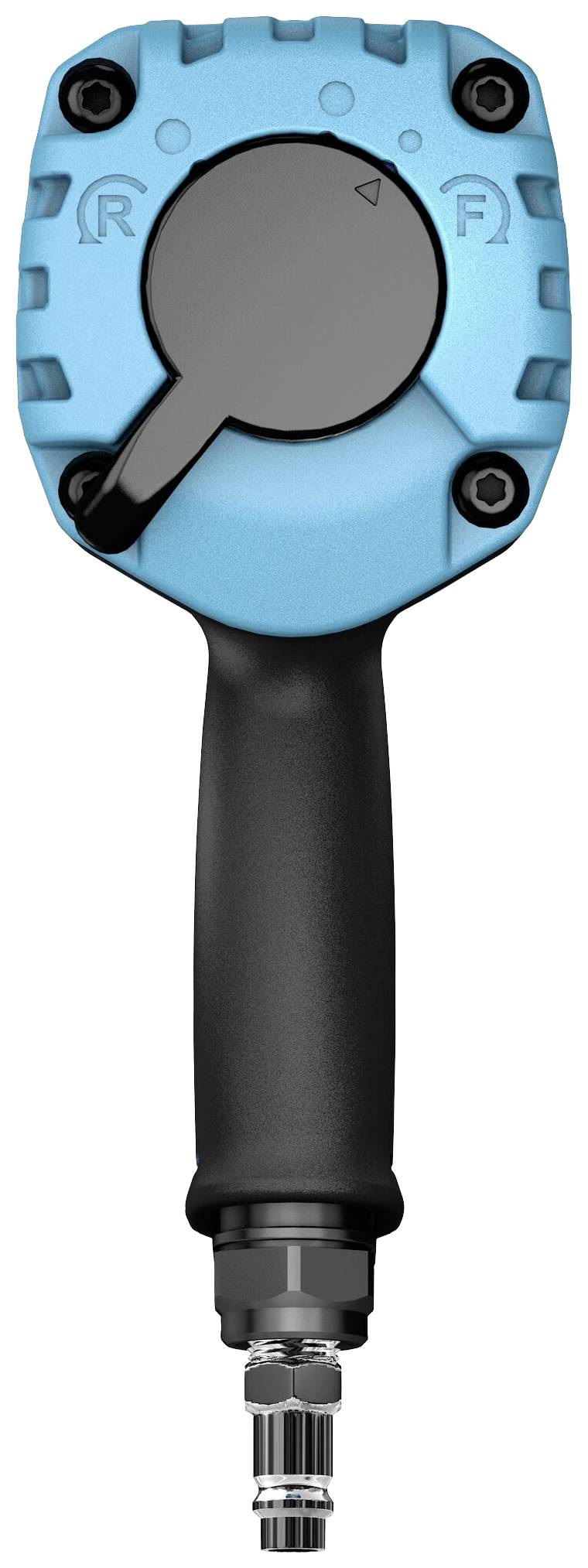 Druckluftpistole in Blau mit schwarzem Handgriff, zeigt Drehrichtungsanzeige 'R' und 'F'.