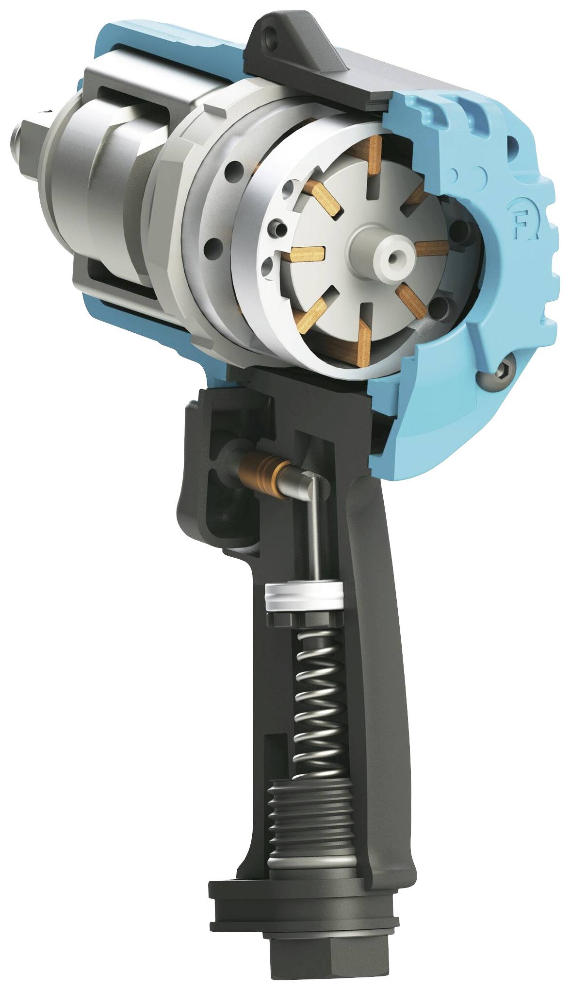 Elektrischer Schlagschrauber mit blauem Gehäuse, metallischem Motor und Federmechanismus zum schnellen Lösen oder Anziehen von Schrauben.