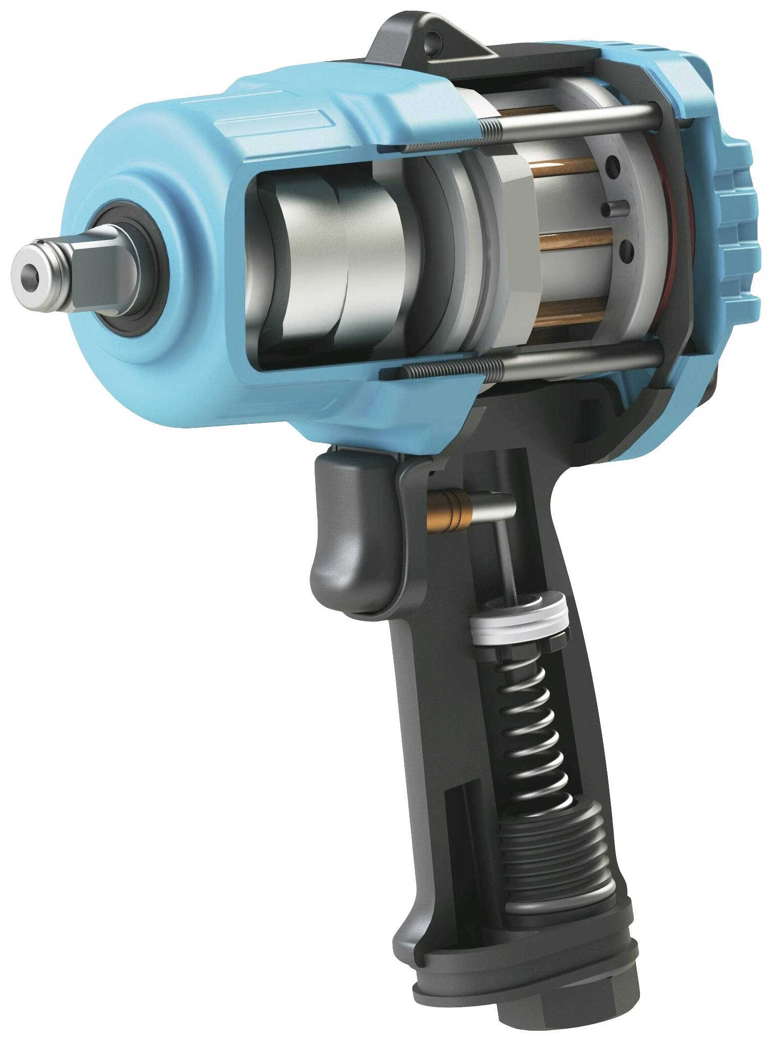 Ein Querschnitt eines blauen Elektroschlagschraubers zeigt interne Mechanik wie Motor und Getriebe.