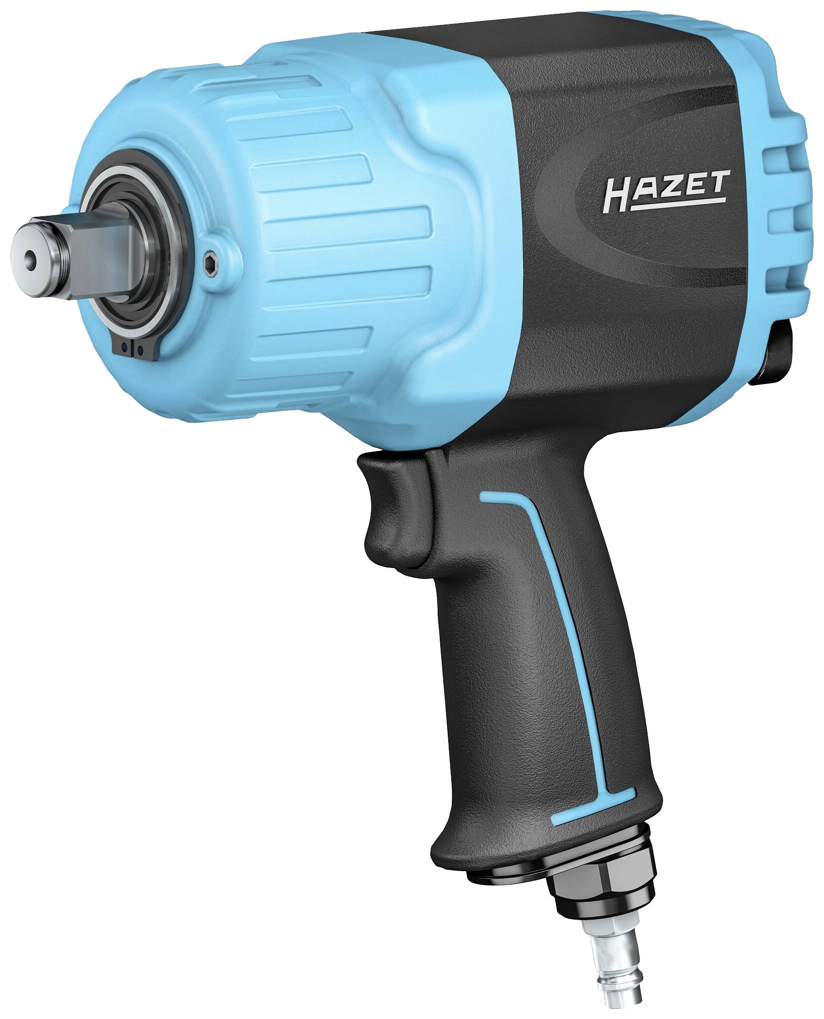 Ein Druckluft-Schlagschrauber in Blau und Schwarz mit ergonomischem Griff und einem Anschluss an der Unterseite.