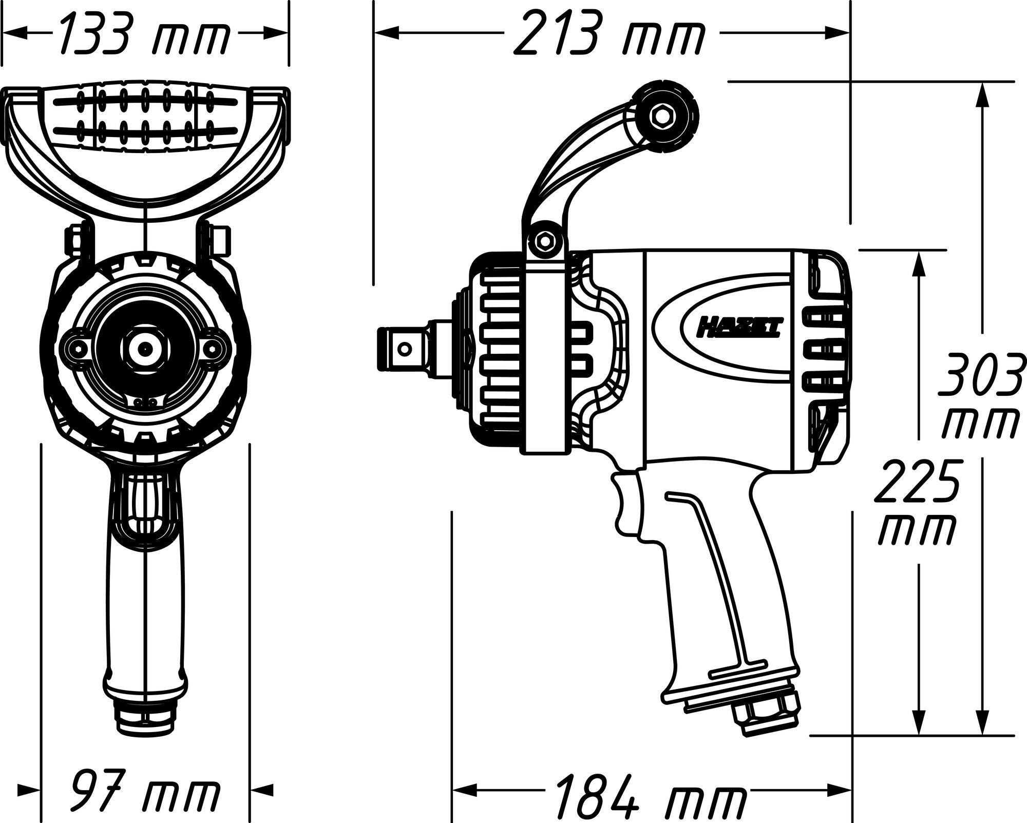 Technische Zeichnung eines Druckluftschraubers von HAZET mit den Maßen: Höhe 303 mm, Griffbreite 97 mm, Gesamtlänge 184 mm.