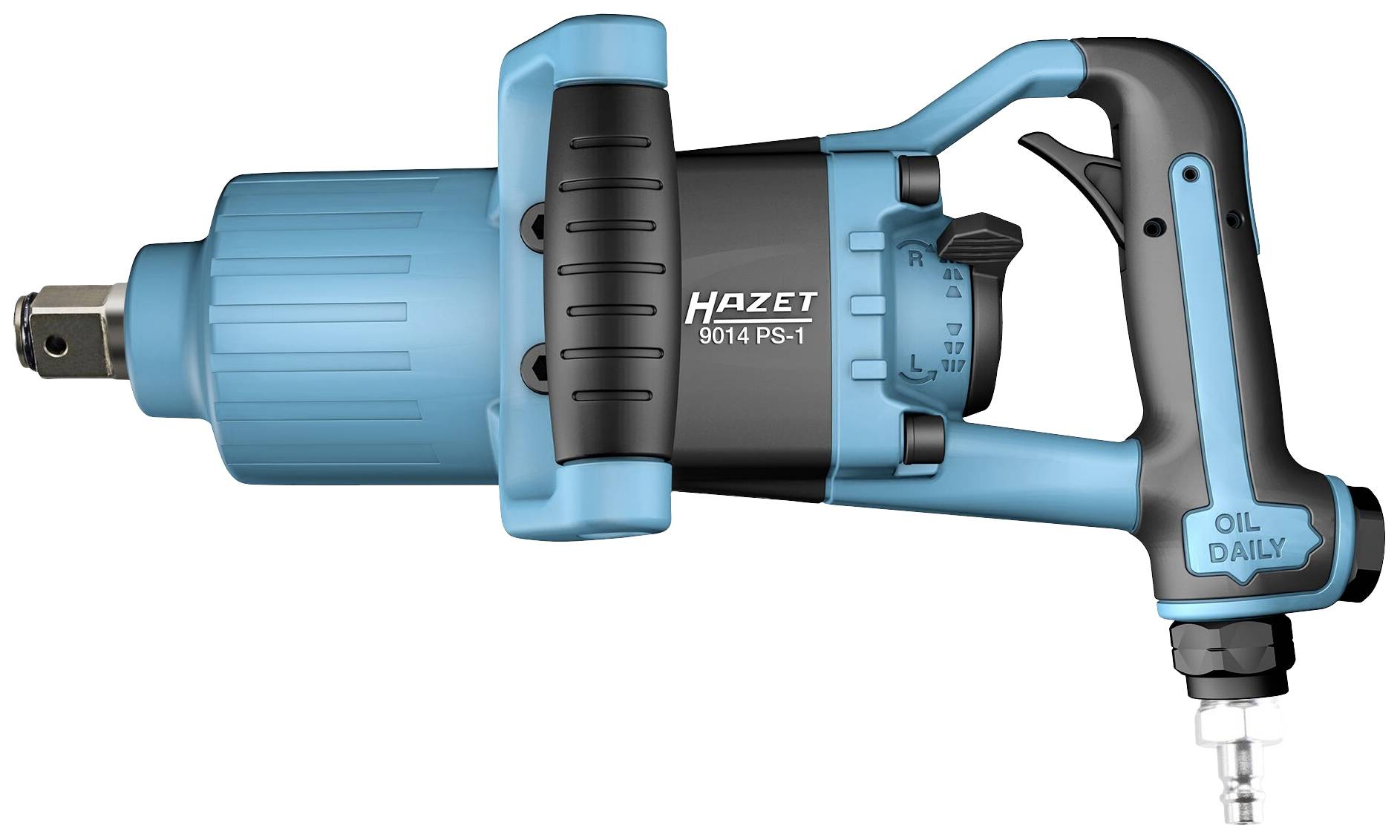 Druckluft-Schlagschrauber in Blau und Schwarz mit der Aufschrift 'Hazet 9014 P'S-1'. Geeignet für den täglichen Einsatz in Werkstätten.