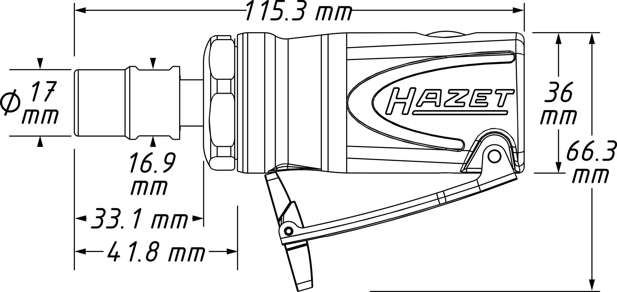 'Zeichnung eines Hazet-Druckluftwerkzeugs mit Maßen: Länge 115,3 mm, Höhe 66,3 mm, Breite 36 mm, Durchmesser 17 mm und weitere Details.'