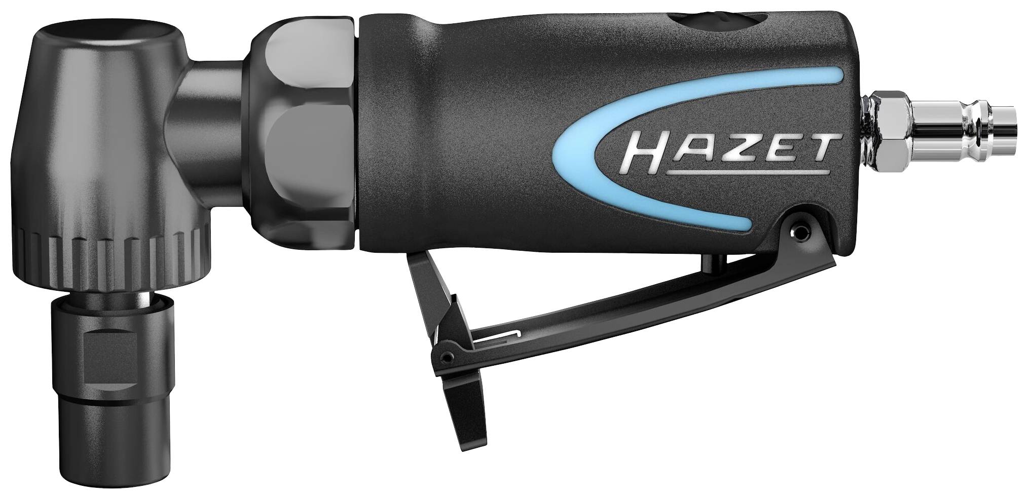 Druckluft-Geradschleifer von Hazet, schwarz mit blauem Logo, seitliche Ansicht. Werkzeug für präzise Schleifarbeiten.