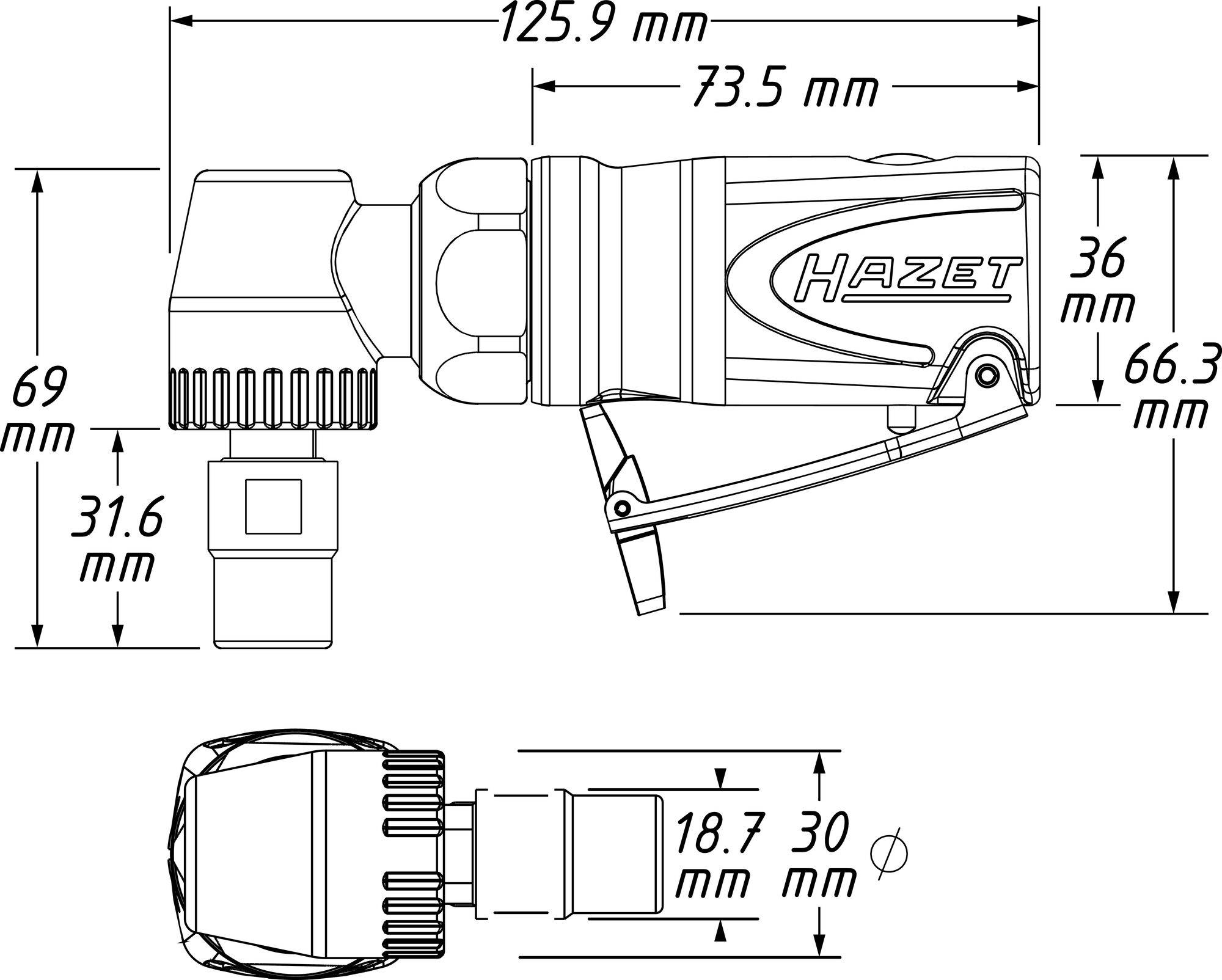 Technische Zeichnung eines Winkelschraubendrehers mit Maßen: Länge 125,9 mm, Höhe 73,5 mm. Seitliche Ansichten zeigen Detaillierung der Form.