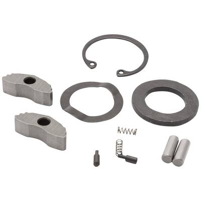 Verschiedene Metallteile und Mechanismen sind auf weißem Hintergrund angeordnet, darunter Federn, Scheiben und zapfenartige Teile.