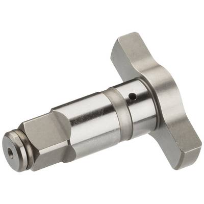 Metallischer Maschinenteil mit zwei Flügeln, zylindrischem Mittelteil und sechseckiger Schraubverbindung am Ende, auf weißem Hintergrund.