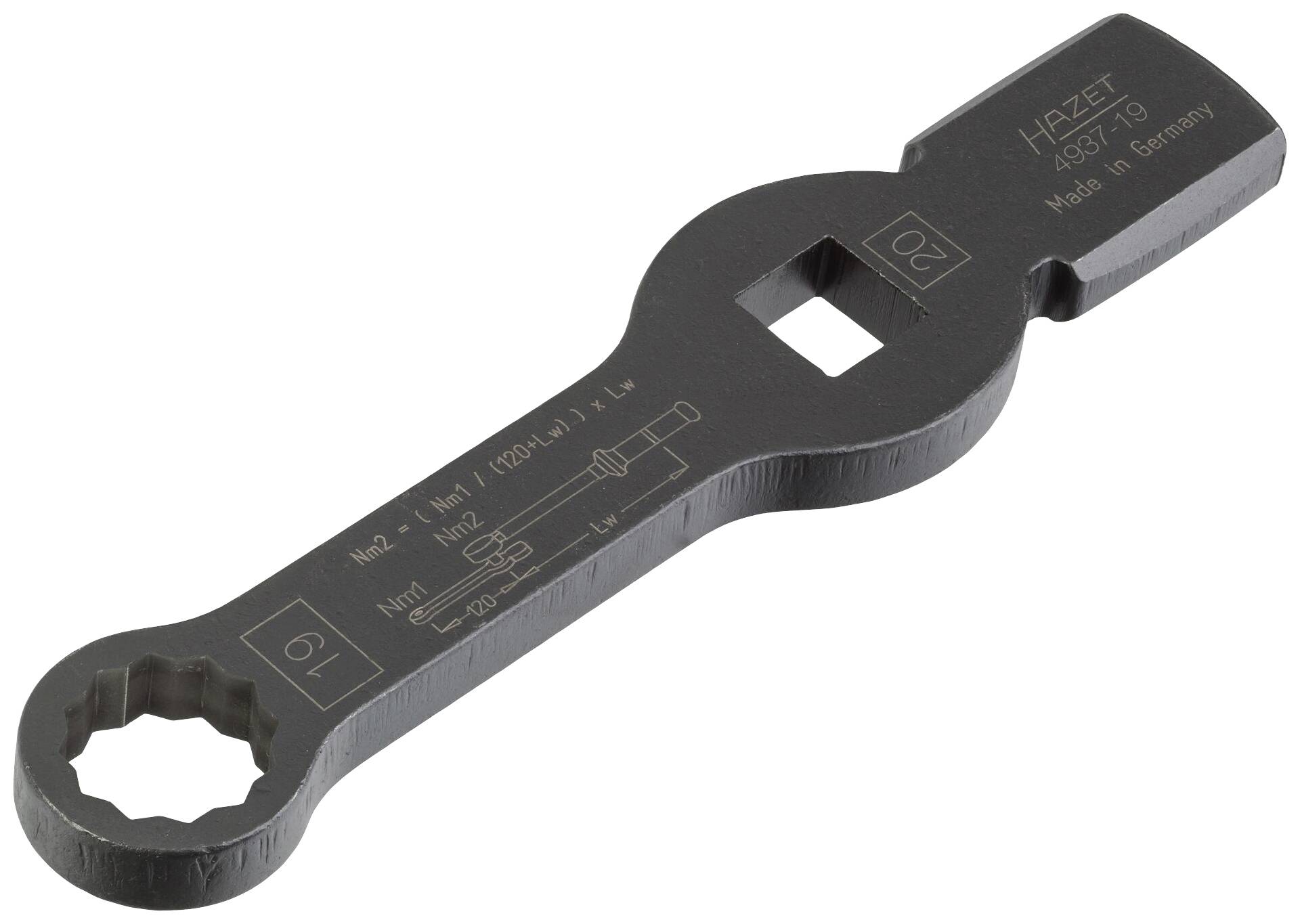 Ein doppelendiger Schraubenschlüssel mit Aufschrift 'Hazet 4687-10', 'Made in Germany', zeigt seine Funktion zum Anziehen von Muttern.