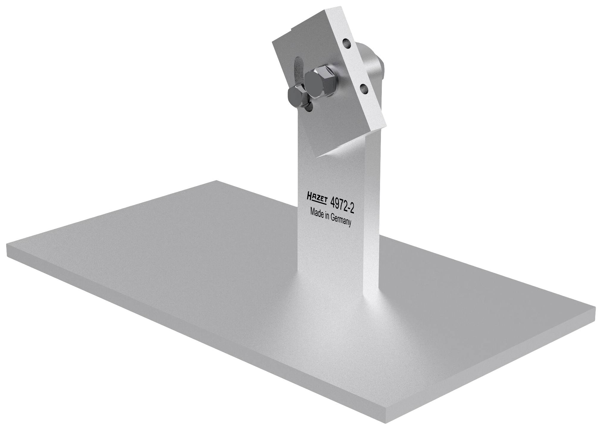 Metallstütze mit L-förmigem Arm und verstellbaren Schrauben, auf einer rechteckigen Basis. Aufschrift: 'HAZET 4972-2 Made in Germany'.