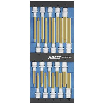 'HAZET' Steckschlüsselsatz mit 20 goldenen und silbernen Bits in einer blauen Halterung, nummeriert von 4 bis 14.