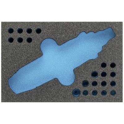Schaumstoffeinlage mit einer blauen Aussparung in Form eines Flugzeugs in der Mitte, umgeben von mehreren runden Löchern.