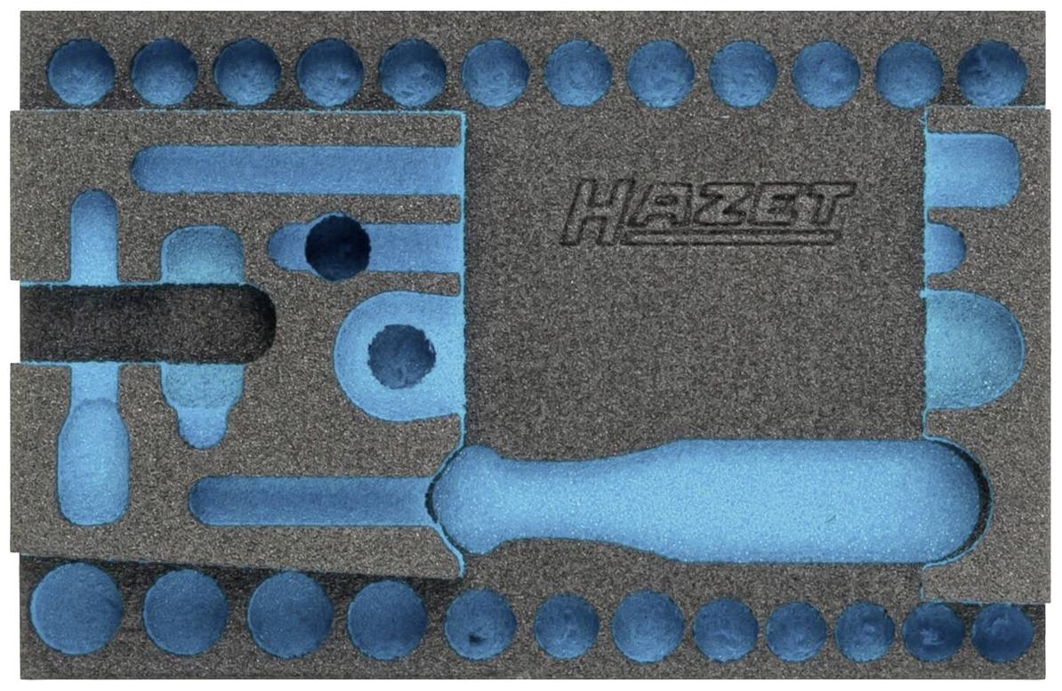 'Schaumeinlage mit Aussparungen zur Aufnahme von Werkzeugen. Geprägt mit dem Logo "HAZET". Farbe: Schwarz mit blauen Akzenten.'