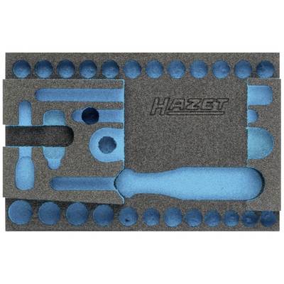 'Schaumeinlage mit Aussparungen zur Aufnahme von Werkzeugen. Geprägt mit dem Logo "HAZET". Farbe: Schwarz mit blauen Akzenten.'