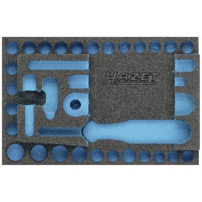 Schaumstoffeinlage mit mehreren Aussparungen für Werkzeuge, schwarz-blau, mit 'HAZET' Logo. Hauptsächlich runde und rechteckige Formen.