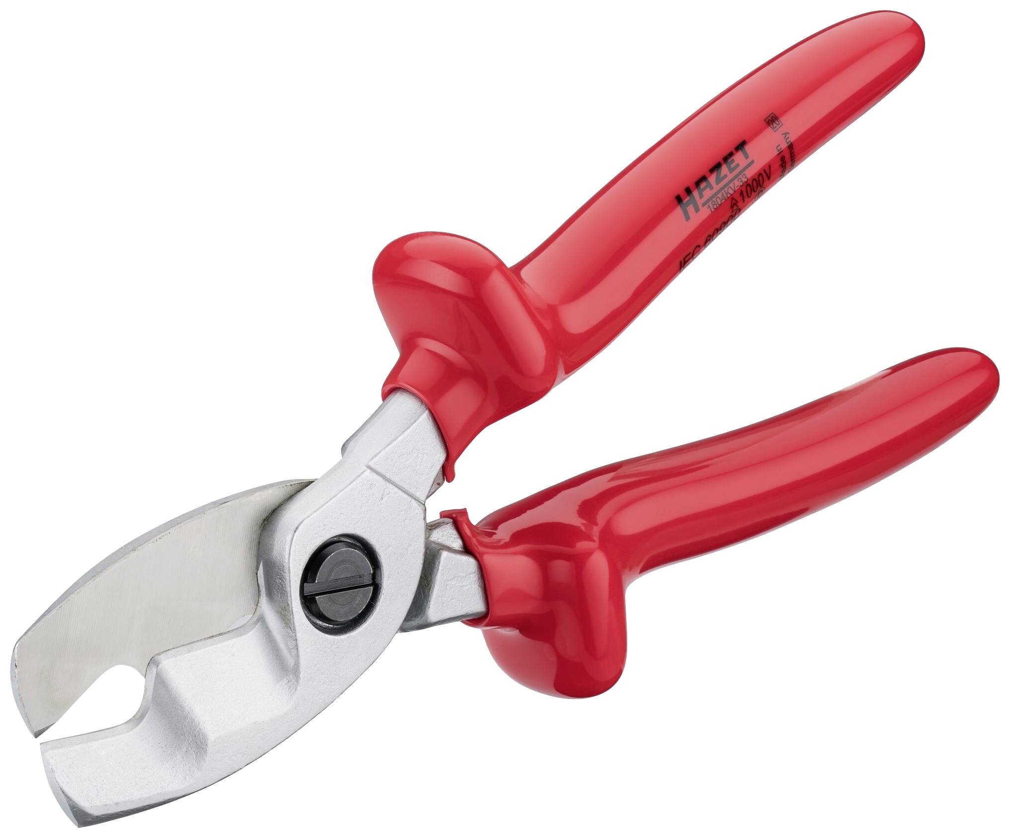 Rote Kabelschere mit Ergonomiegriffen aus Metall, geeignet zum präzisen Schneiden von dicken Kabeln und Drähten.