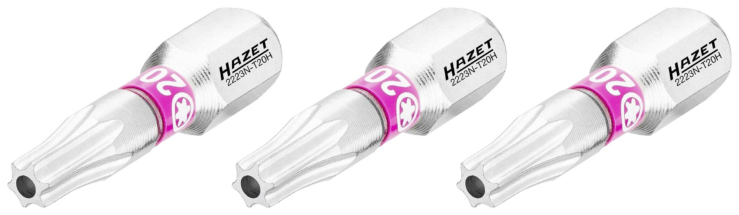Drei silberne Schraubendrehereinsätze der Marke Hazet mit pinken Markierungen und der Aufschrift '20'.
