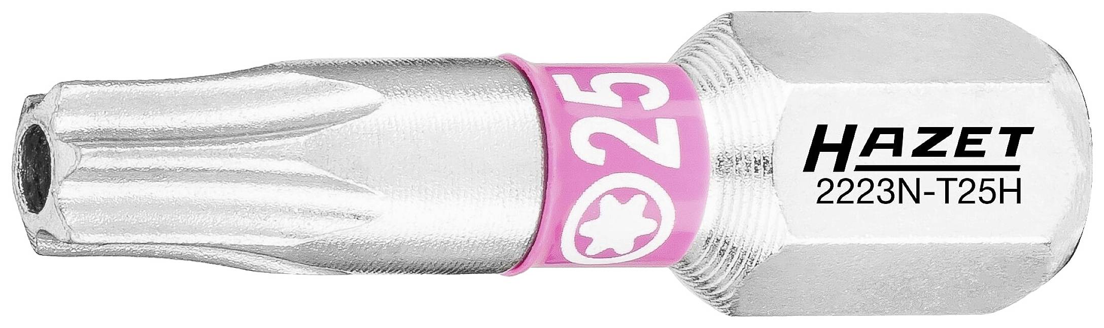 Torx-Bit der Marke Hazet, Größe T25H, mit silbernem Kopf und rosa Ring, Modellnummer 2223N-T25H.