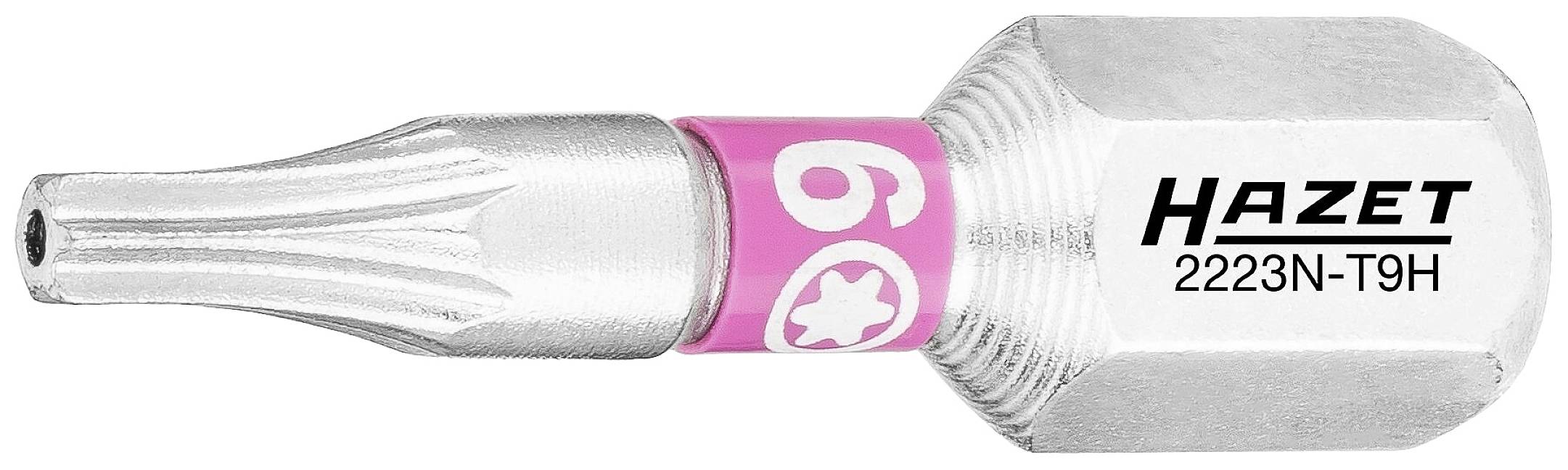 Bitschraube mit Torx T9, sechskant, pinkes Farbband mit Aufschrift '69', Markenname 'Hazet' und Modellnummer '2223N-T9H'.