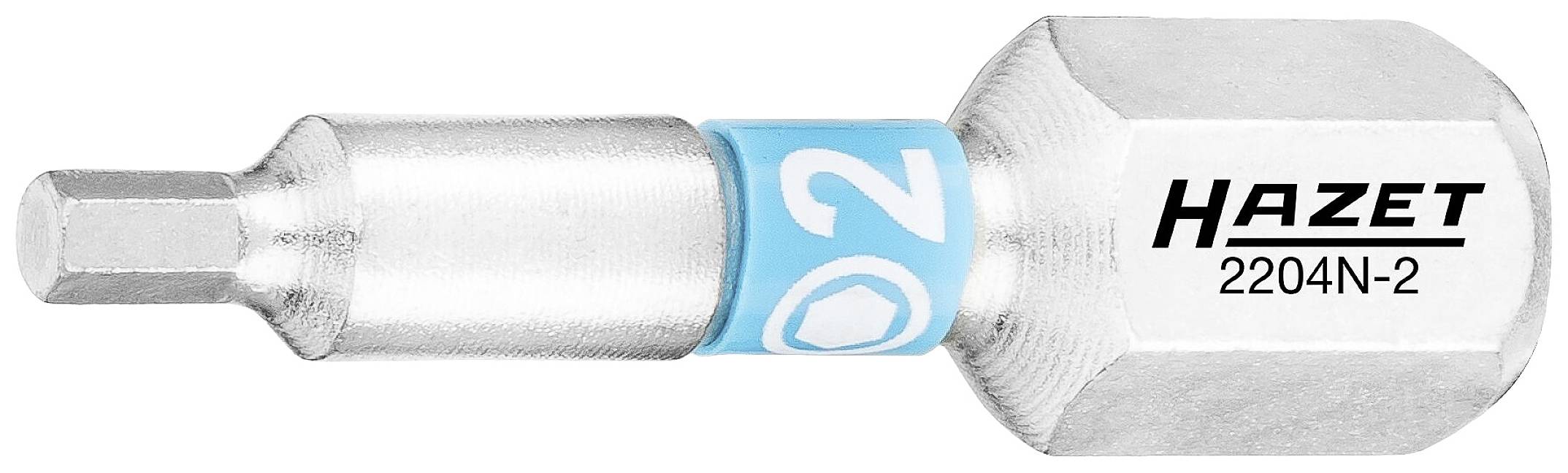Metallischer Steckschlüsseleinsatz mit sechseckigem Kopf und der Aufschrift 'HAZET 2204N-2', seitlicher blauer Ring.