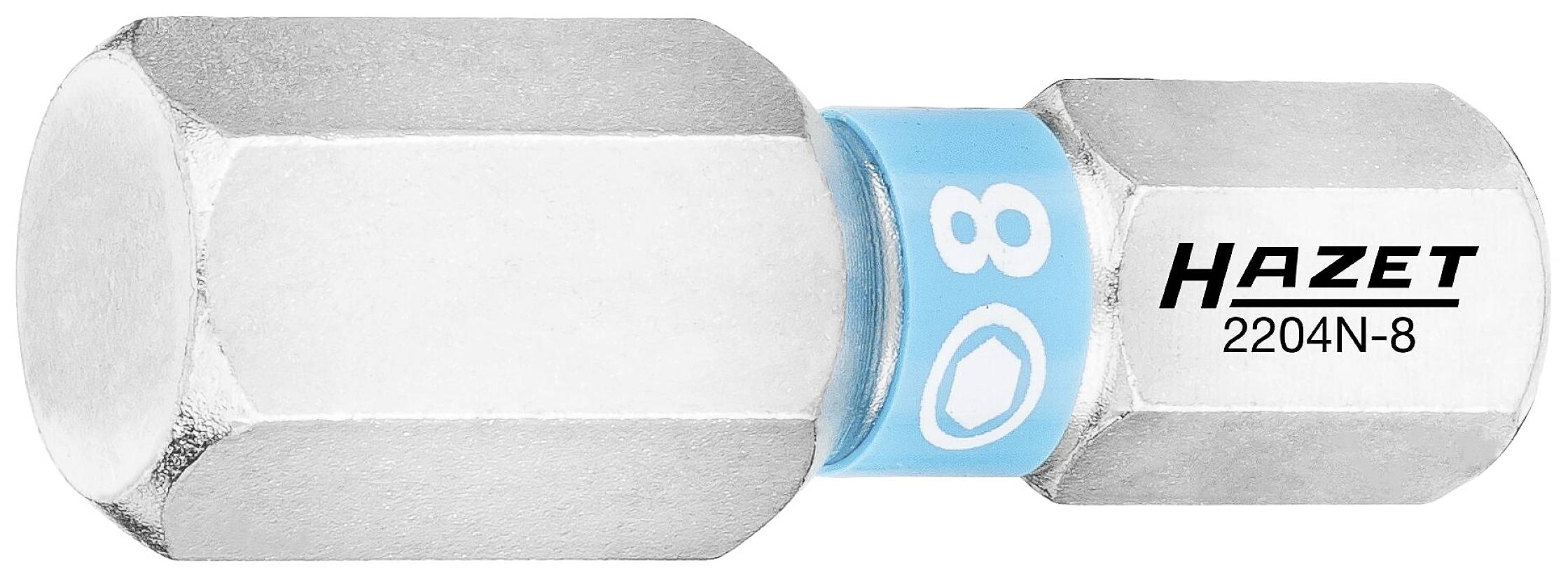 Eine Stecknuss von Hazet, Modell 2204N-8, silber mit blauem Ring und weißer Acht. Verwendet für Schraubverbindungen.