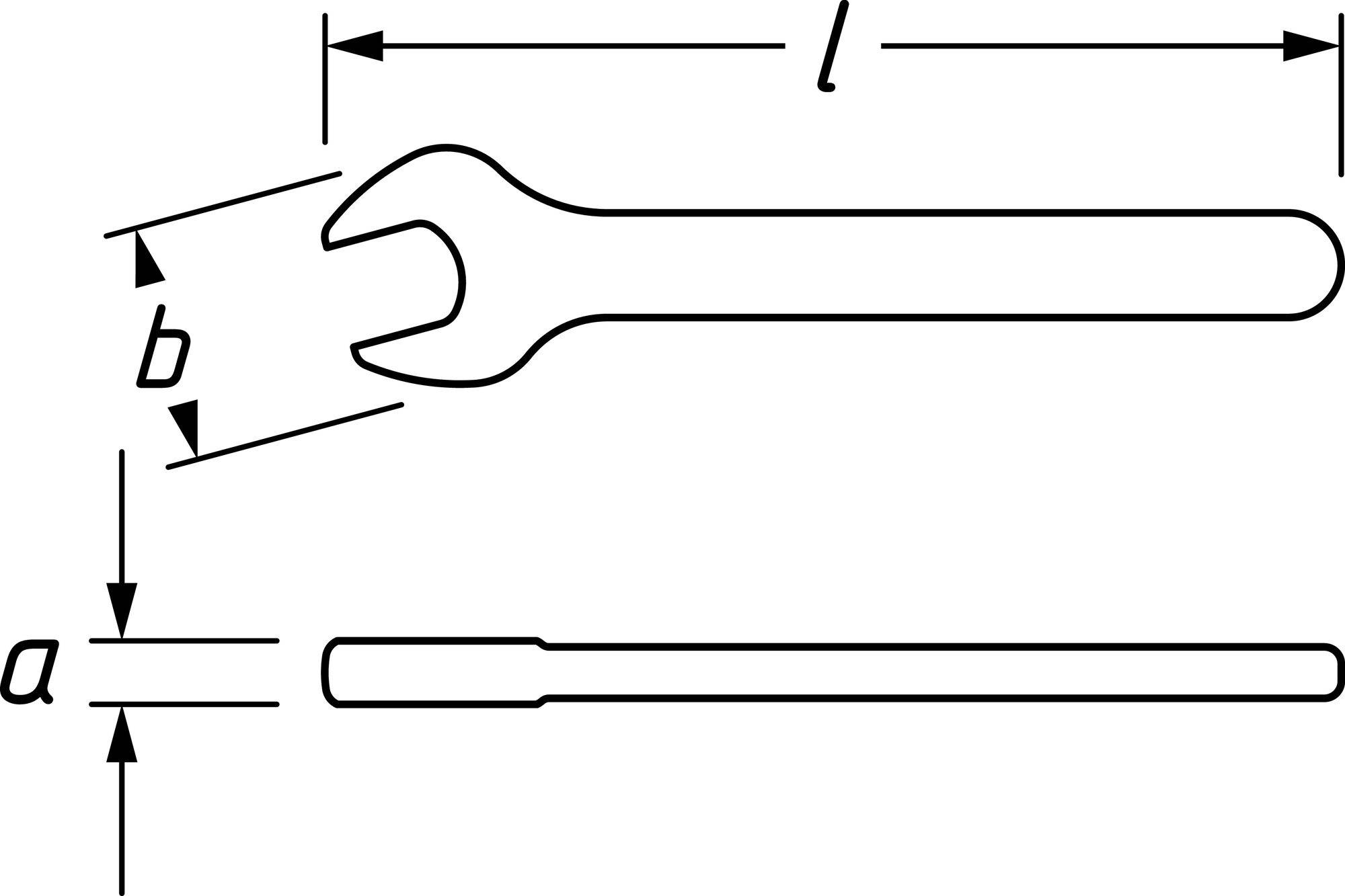 'Diagramm eines Schraubenschlüssels mit den Maßen: Länge (l), Breite des Maulschlüssels (b), und Durchmesser des Griffs (a).'