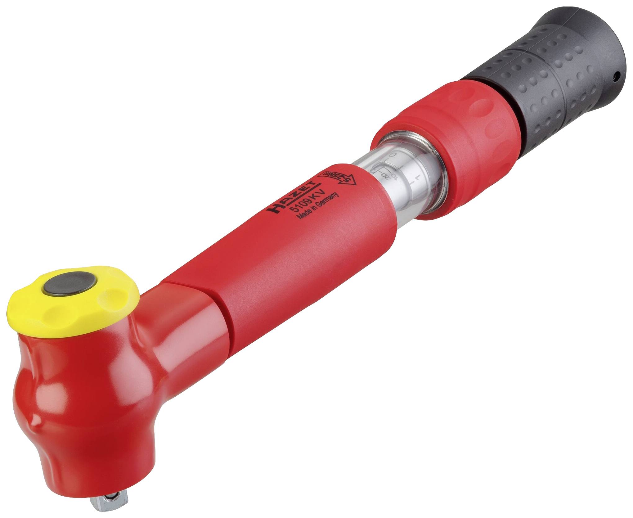 Ein roter Drehmomentschlüssel mit ergonomischem schwarzen Griff und gelbem Endstück.